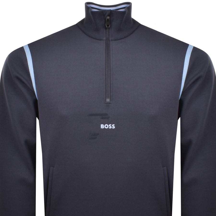 Image number 2 for BOSS Quarter Zip Tape Sweatshirt Navy