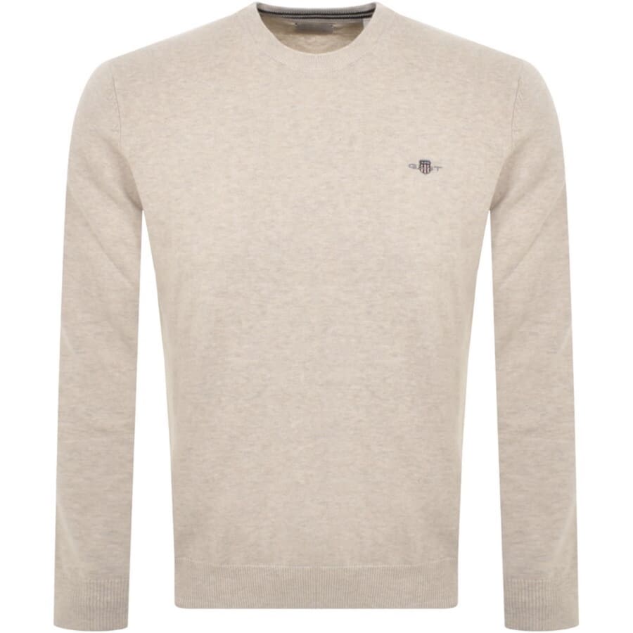 Image number 1 for Gant Classic Cotton Crew Neck Knit Jumper Beige