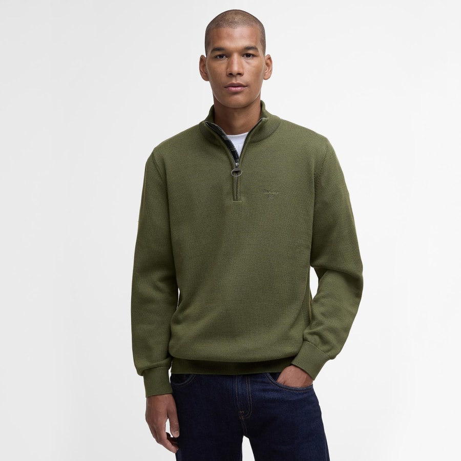 Image number 5 for Barbour Half Zip Knit Jumper Green