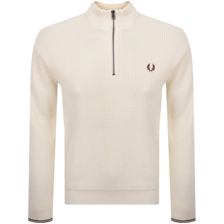 Image number 1 for Fred Perry Half Zip Waffle Knit Jumper Ecru