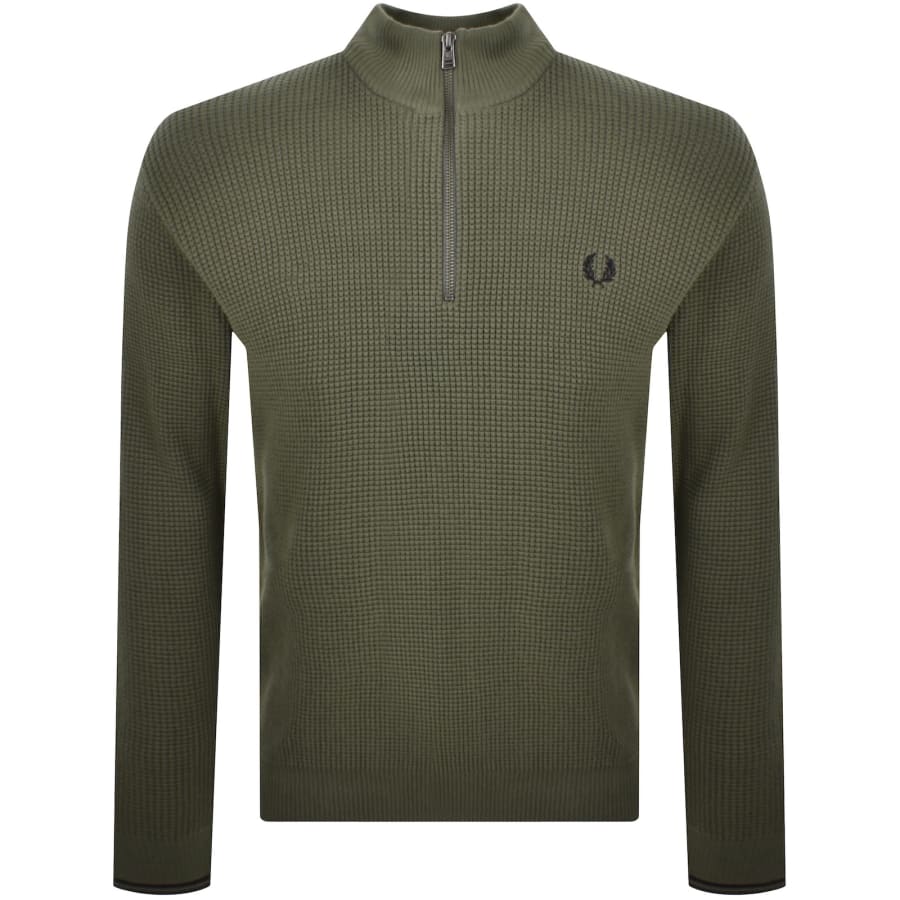 Image number 1 for Fred Perry Half Zip Waffle Knit Jumper Green