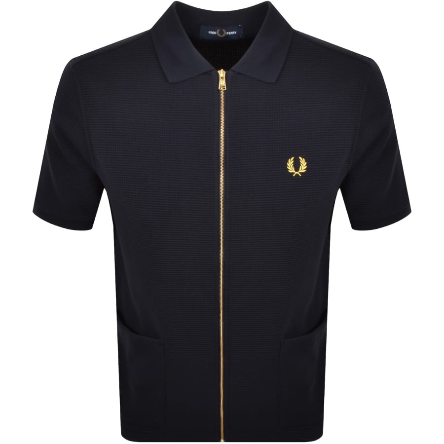 Image number 1 for Fred Perry Zip Through Waffle Polo Shirt Navy