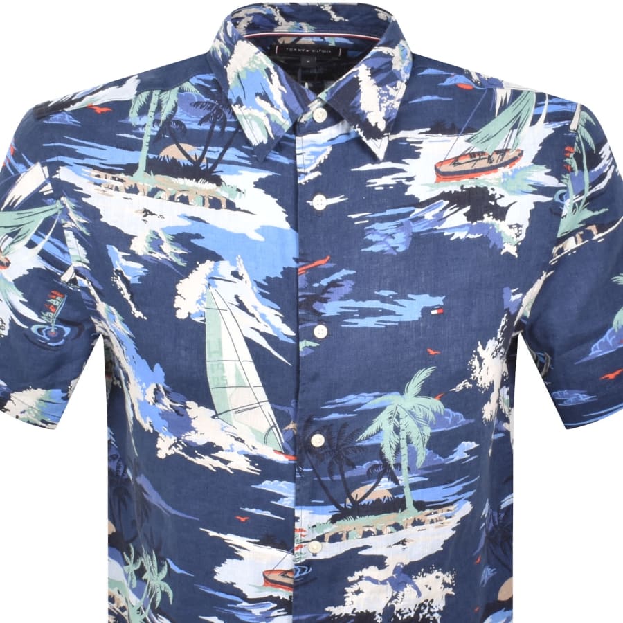 Image number 2 for Tommy Hilfiger Linen Holiday Print Shirt Navy