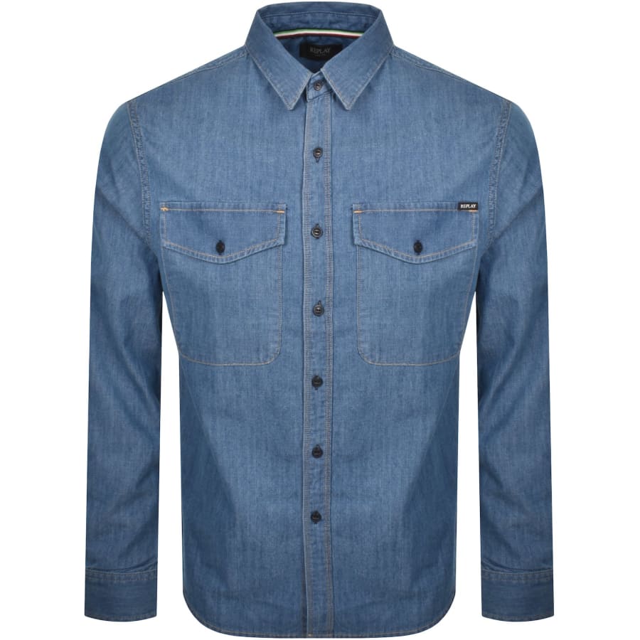 Image number 1 for Replay Denim Look Long Sleeved Shirt Blue