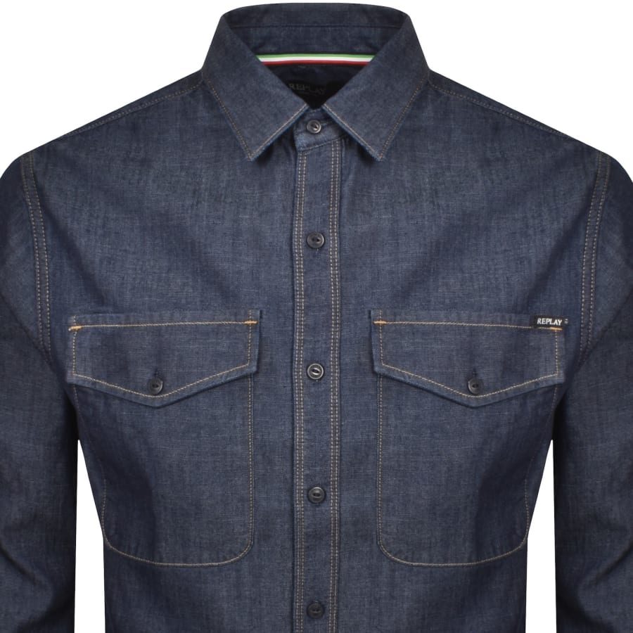Image number 2 for Replay Denim Look Long Sleeved Shirt Blue