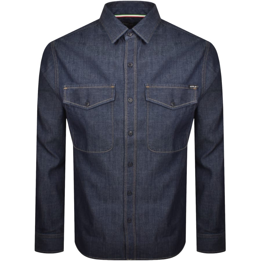 Image number 1 for Replay Denim Look Long Sleeved Shirt Blue