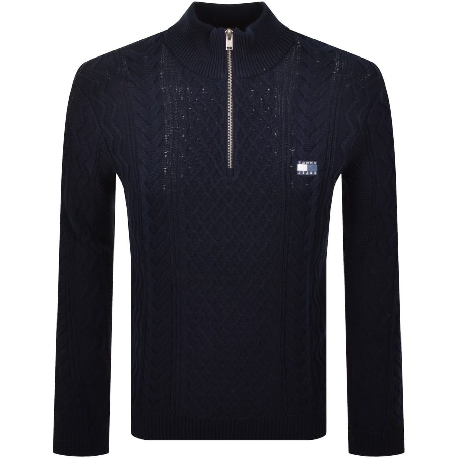 Image number 1 for Tommy Jeans Quarter Zip Cable Knit Jumper Navy