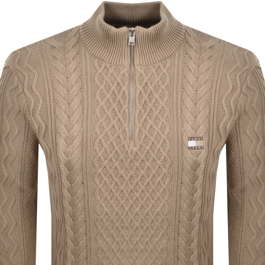 Image number 2 for Tommy Jeans Quarter Zip Cable Knit Jumper Beige