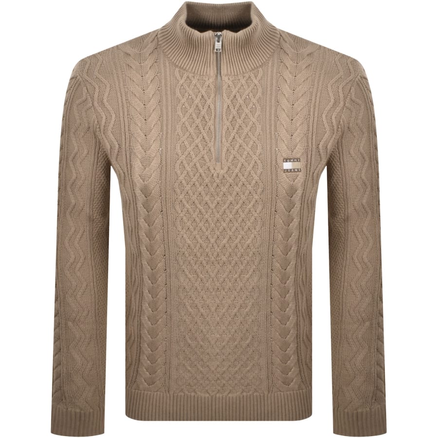 Image number 1 for Tommy Jeans Quarter Zip Cable Knit Jumper Beige