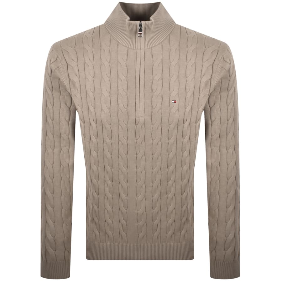 Image number 1 for Tommy Hilfiger Quarter Zip Cable Knit Jumper Brown