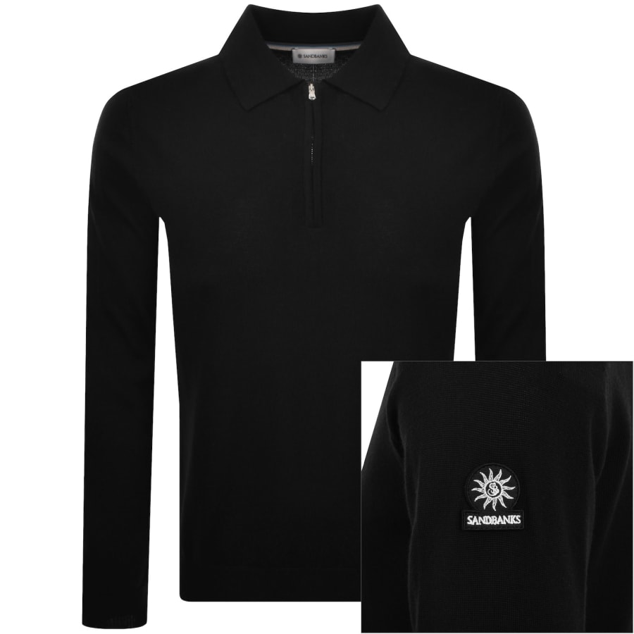 Image number 1 for Sandbanks Knitted Quarter Zip Polo T Shirt Black