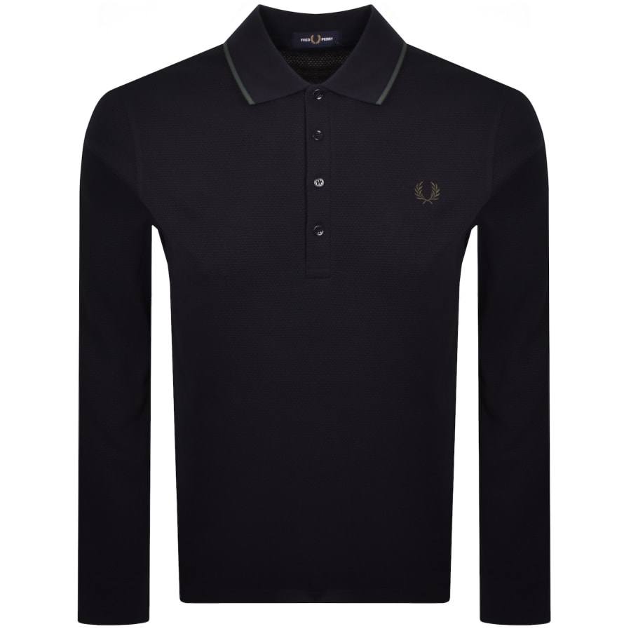 Image number 1 for Fred Perry Textured Long Sleeve Polo Navy
