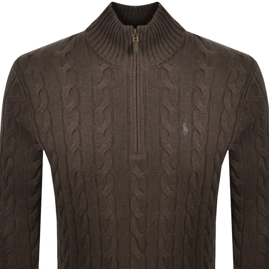 Image number 2 for Ralph Lauren Half Zip Cable Knit Jumper Brown