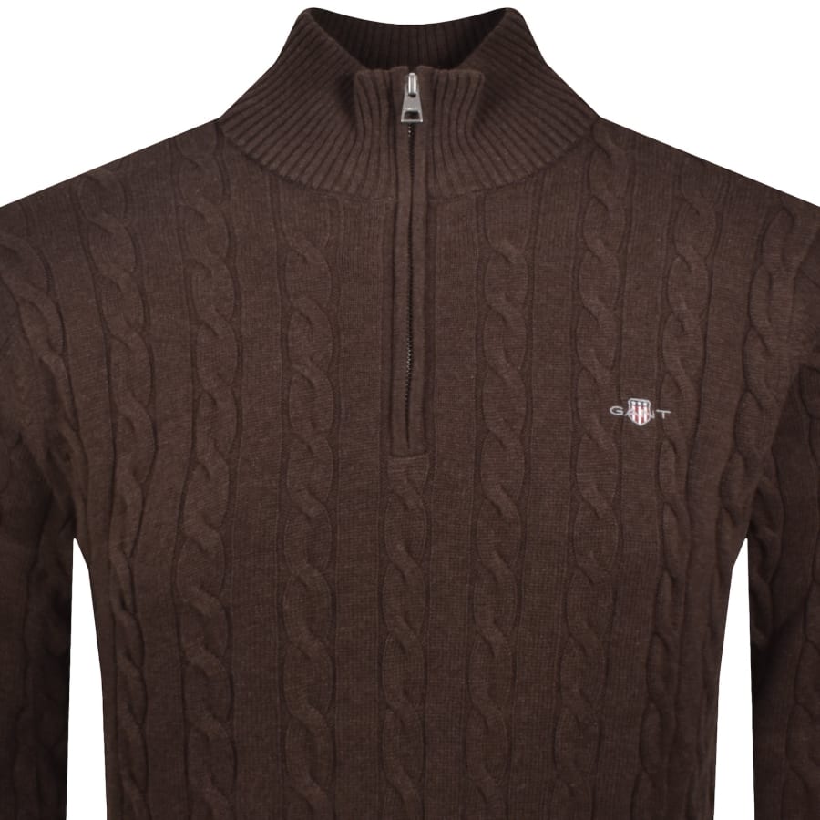 Image number 2 for Gant Cotton Cable Knit Half Zip Jumper Brown