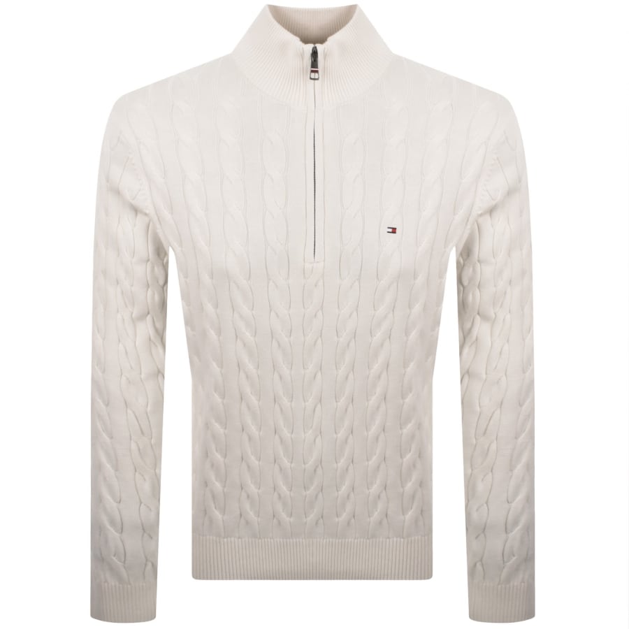 Image number 1 for Tommy Hilfiger Quarter Zip Cable Knit Jumper Cream