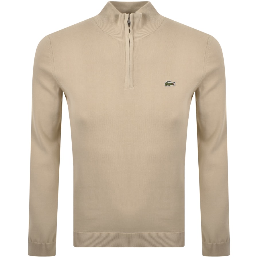 Image number 1 for Lacoste Quarter Zip Logo Knit Jumper Beige