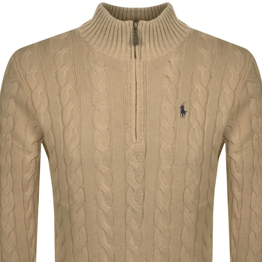 Image number 2 for Ralph Lauren Half Zip Cable Knit Jumper Brown